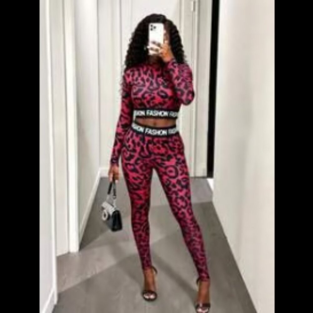 Leopard Print Leggings and Long Sleeve Crop Top Matching Set
